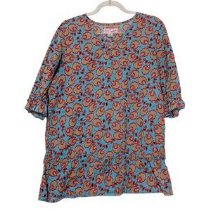 Koi Floral Scrub Top Womens Size Small Blue Cotton Short Sleeve Medical Nurse